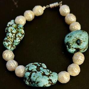Natural Turquoise Nuggets and milky quartz beads makes this Gemstone Bracelet